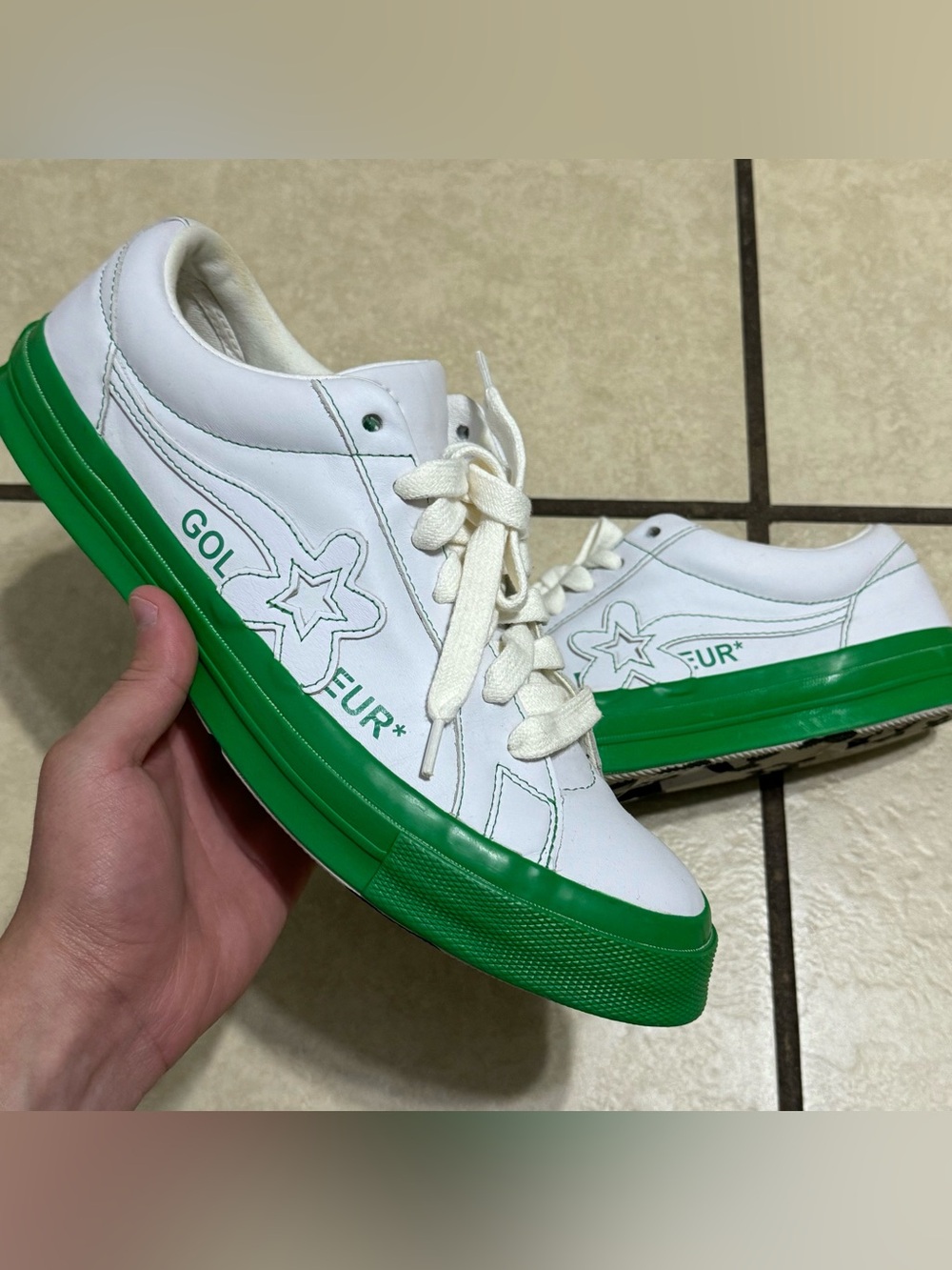 Golf Le Fleur White Leather Sneakers with Green Sole